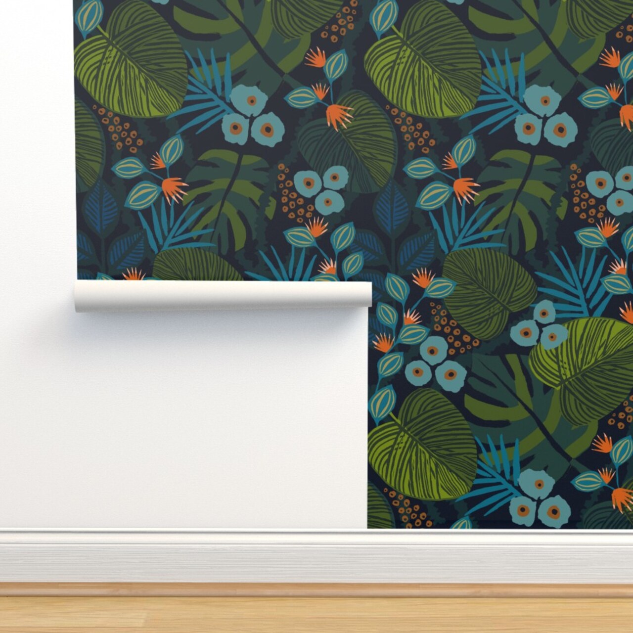 Tropical Fun Blue Green Teal Flora Custom Removable Wallpaper by Spoonflower Peel & Stick Wallpaper 2FT Wide